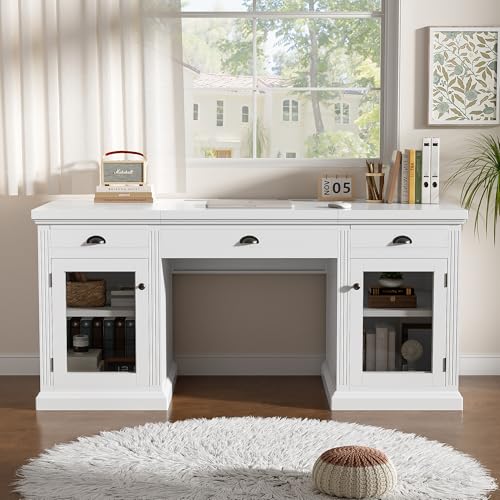 Executive Desk with Power Outlets & USB Charging Station, 67.7" Computer Desk with 3 Drawers & 2 Cabinets Glass Doors, Modern Wood Home Office Desk for Bedroom,Living Room,Study Room, White