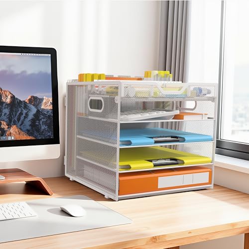 Docnest 5 Tier Desk Organizer with Hanging File Folder Holder&Tray, White - color: White, size: 12.6"x11.8"x10.3"