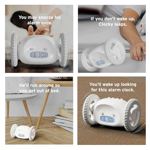 CLOCKY Alarm Clock on Wheels – Loud Rolling Alarm Clock for Heavy Sleepers - color: White