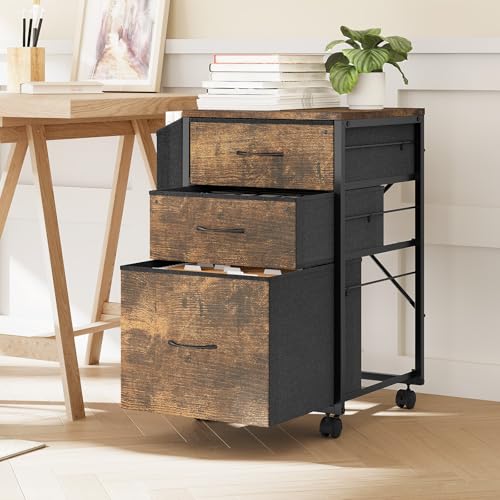 VINGLI 3 Drawer File Cabinet with Side Bag, Rolling File Cabinet Mobile Under Desk File Cabinet with Wheels, Fabric Drawers Printer Stand for Home Office, Fits Letter Size, Rustic Brown - color: Rustic Brown, size: Small 3 Drawers