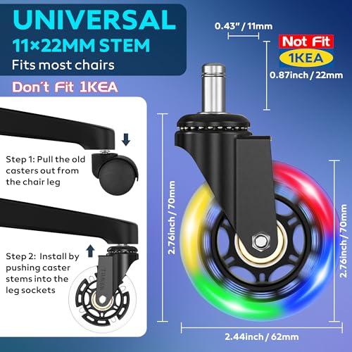 WEWILL RGB Chair Caster Wheels, Self-Lit No Batteries, 3" PU Rubber (5-Pack), Heavy Duty 325kg/715lb, Universal 11x22mm Stem, Quiet for Carpet/Hardwood (Not IKEA) - color: Colorful