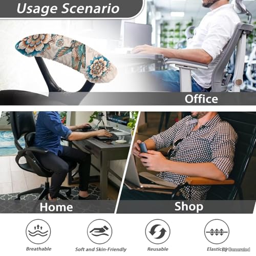 Hummingbird Print Office Chair Armrest Slipcovers Set of 2, Bohemian Mandala Flower Print Office Arm Covers, Stretchy Gaming Chair Armrest Covers Soft Office Chair Arm Protectors - color: Brown and Blue - Hummingbird Bohemian Mandala Flower