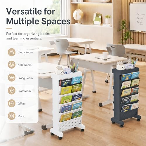 6-Tier Rolling Bookshelf Magazine Rack with Wheels White - color: White, size: 6-Tier 30.5"H