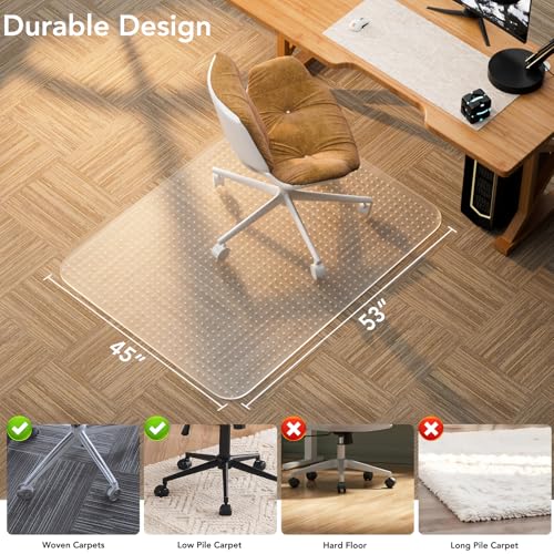 Office Chair Mat for Low Pile Carpet, 45" x 53" Clear Plastic | Floor Protector, Heavy Duty Desk Chair Mat for Rolling Chairs, Smooth Glide Computer Mat for Home Office - size: 45"x53"