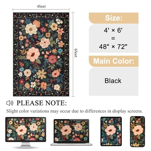 DUKINO 4x6 Area Rug, Floral Washable Office Rug Non Slip Chair Mat, Black | Low Pile, Stain Resistant, Soft Indoor Rug for Bedroom, Living Room, Dining Room, Kids Room, Pet Friendly, Modern Home Decor - color: Black, size: 4' x 6' (Rectangular)