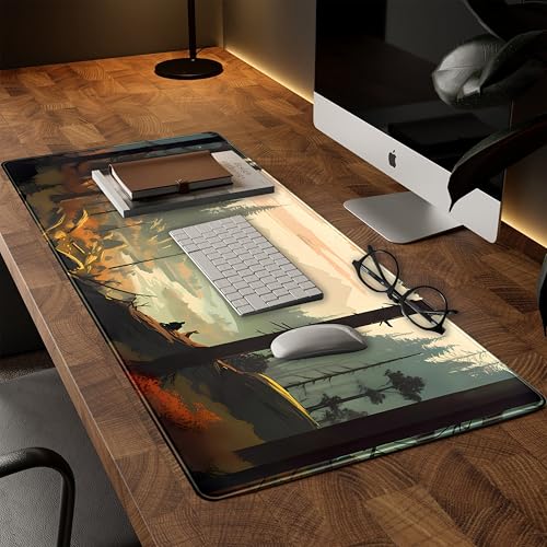 Desk Mat Gaming Desk Pad Valleys, Forest Mouse Pad XXL Extended Large Mouse and Keyboard Mat, Computer Desktop Mat with Non-Slip Base & Stitched Edges, Aesthetic Nature Desk Decor 31.5" x 15.7" - color: Misty Mountain Valley