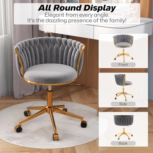 HENGJIANYI Velvet Woven Home Swivel Vanity Desk Chair with Gold Base, Gray | Modern Height Adjustable Office Chair with Metal Base and Hand Weaving Back Wheels for Bedroom Study Small Space girl women - color: Grey