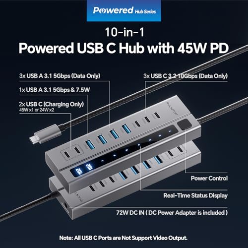 Powered USB C Hub, 9-in-1 USB-Hub 10Gbps & PD 45W Max Charging | PULWTOP USB Powered Hub with 3 USB-C, 4 USB-A for Laptop, MacBook, iPad and More 72W Adapter Included (Not Support Video)