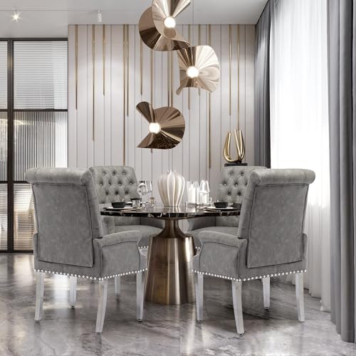 PU Leather Dining Chairs with Arms, Upholstered Dining Room Chairs, Grey | Upholstered, High Back, Tufted, Luxurious, Stainless Steel Leg, for Kitchen & Dining Room - color: Pu, size: 1 PCS