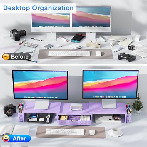 gianotter Dual Monitor Stand Riser With Drawer and 2 Pen Holders | Computer Monitor Stand Desk Organizer and Accessories Desk Shelf for Top of Desk (Purple) - color: Purple