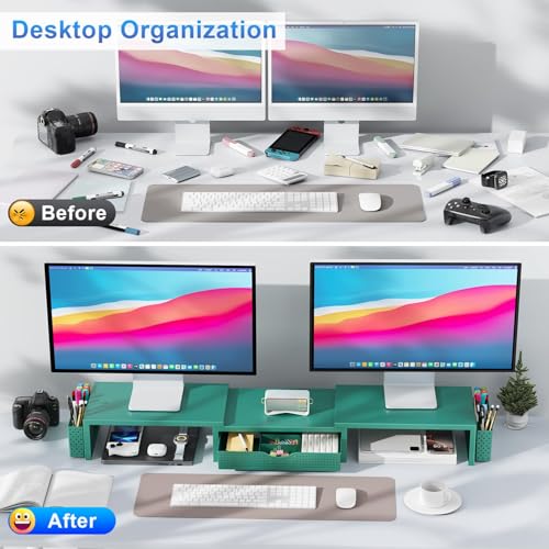 gianotter Dual Monitor Stand Riser With Drawer and 2 Pen Holders | Computer Monitor Stand Desk Organizer and Accessories Desk Shelf for Top of Desk (Green) - color: Green