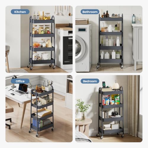 DUMOS 4 Tiers Rolling Utility Cart, Storage Organizer, Shelving Unit | Metal, Lockable Wheels, Mobile, Kitchen, Bathroom, Laundry, Narrow Places, Gray - color: 4-tier Deep Gray