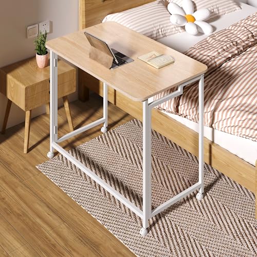 4NM 27.5" Mobile Small Rolling Computer Desk, Folding Laptop Cart Table with Wheels, Portable Office Desk for Small Space Couch Bed - Natural and White - color: Natural and White, size: 27.5"