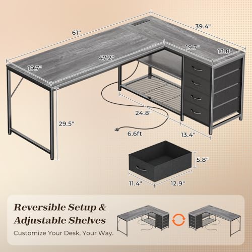 PRAISUN 53" L Shaped Desk with Power Outlets & 4 Drawers | Reversible Computer Desk with 2 Storage Shelves, Large Corner Office Desk for Gaming Writing Work Study, Grey - color: Grey, size: 53 Inch