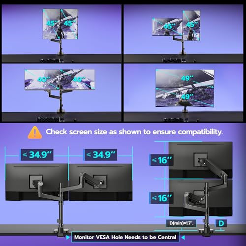 Dual Monitor Arm Desk Mount for 17-49 Inch Monitors Holds 44 lbs, Black - color: Black, size: Dual Monitor Mount - Standard