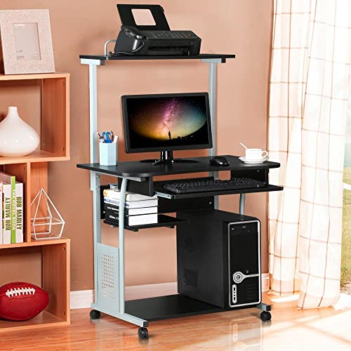 Yaheetech Small Rolling Computer Desk with Hutch and Storage Shelves, Black - color: Black