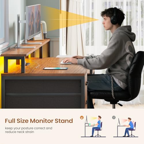 SEDETA 66'' Computer Desk with 5 Drawer, Power Outlet for Home Office - color: Rustic Brown With Led Lights, size: 67X18.5inch