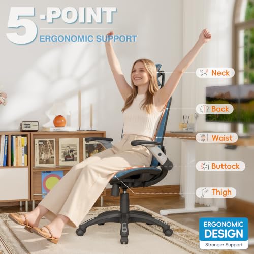 GABRYLLY Ergonomic Office Chair, High Back Home Desk Chair with 2D Flip-Up Arms, 3D Headrest, 90-120° Tilt and Wide Cushion, Big and Tall Mesh Chairs for Man Woman, Blue Computer Task Chair - color: Navy Blue