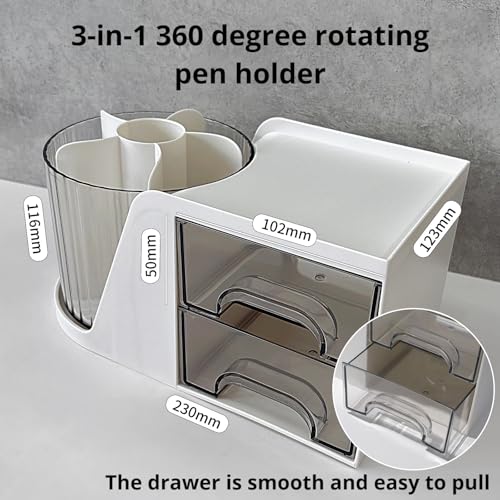 Rotating Desk Organizer, Large Capacity Cosmetic Display Case with Drawer, 360-Degree Rotating Pen Holder, Art Supply Storage Box Caddy for Office and Home - color: 360° Rotating 6 Slots 2 Drawers White