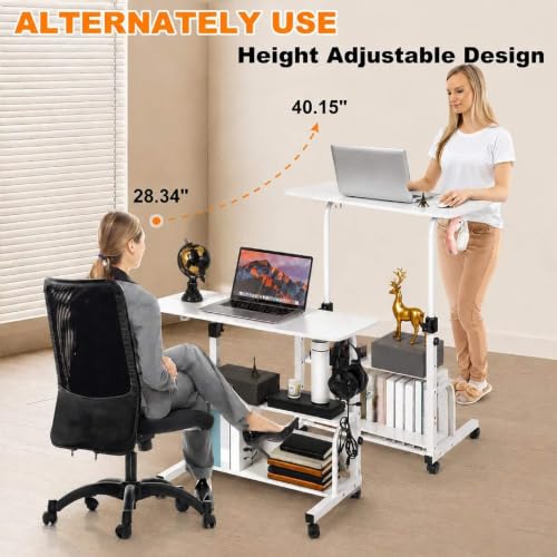Adjustable Height Mobile Computer Desk,White Table for Home Office Bedroom - color: Modern White