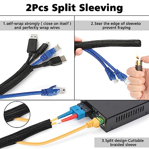 Cable Management Organizer Kit 2 Cable Sleeve Split with 41Self Adhesive Cable Clips Holder, 10pcs and 2 Roll Self Adhesive tie and 100 Fastening Cable Ties for TV Office Home Electronics etc