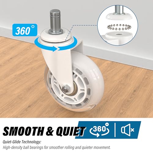 WEWILL Office Chair Wheels - Rubber Casters Replacement Universal Fit 98% Chair(Set of 5) Heavy Duty 3 Inch Smoothly & Quietly Safe for All Floor, Hardwood, Tile, Carpet, Noise Free - White - color: White