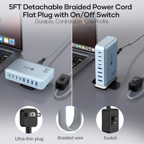8-Port Multi Charging Stations 200W with Flat Plug, Braided Power Cord, and On/Off Switch- USB Charging Hub for iPhone, iPad, MacBook and More- 65W C Port Power Adapter for Laptops - color: Flat Charger 200W BLUE