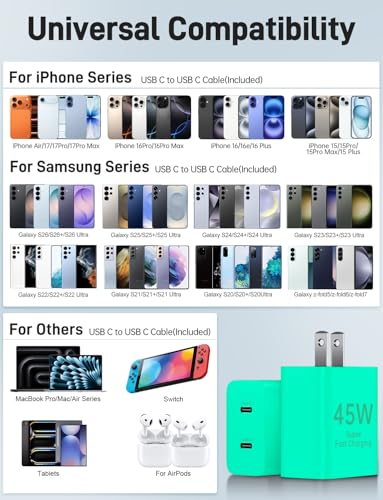 45W iPhone 17 16 15 Charger Fast Charging, 2 Pack Dual Port USB C Charger - color: Green, size: 2pack-(3+6+6+10)ft