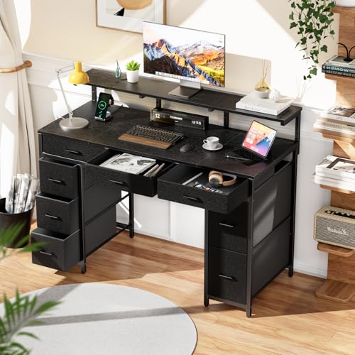 HLDIRECT 47 Inch Gaming Desk with LED Light and 8 Storage Drawers, Black - color: Black