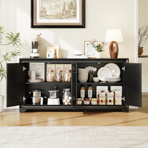 ONBRILL 60" Buffet Cabinet with Storage, 4 Doors & Adjustable Shelves Black - color: Black