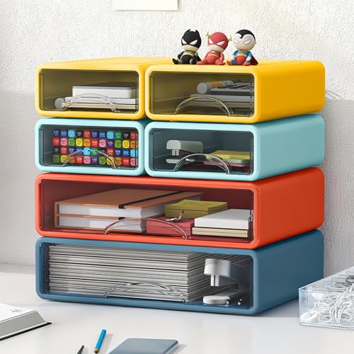 Desk Organizer with Drawers, Stackable Storage Drawers with Compartments Desktop Organization for Office Supplies, Makeup, Pencils, Tape, Erasers, Paperclips, Chargers (2S1M) - color: Light blue+Yellow+Deep Blue