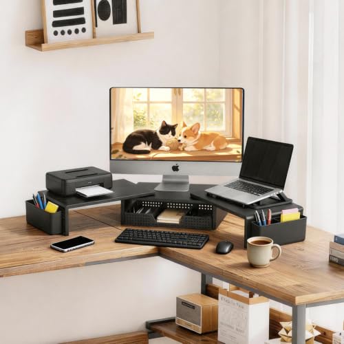 LEKETREE Dual Monitor Stand Riser with Drawer and 2 Pen Holders, Black - color: Black