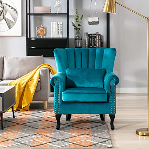 LZAREAL Accent Reading Arm Chairs Set of 2 Midcentury Modern Comfy Corner Sofa Chair, Wingback Waiting Room Club Chair with Tufted Back for Living Room/Bedroom/Reception Room, Velvet Teal - color: Teal, size: 2 Chairs