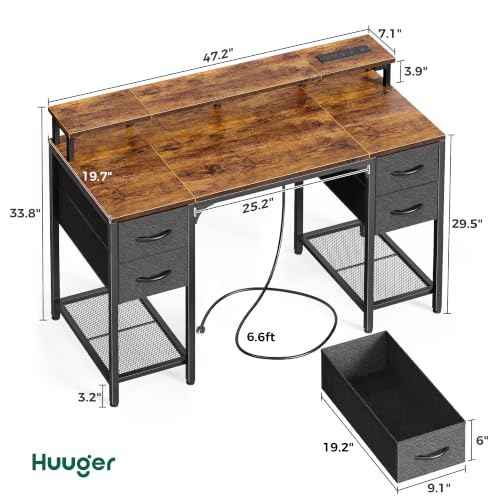 Huuger 47 inch Computer Desk with Power Outlets & 4 Drawers - color: Rustic Brown With Black Drawers, size: 47 Inch