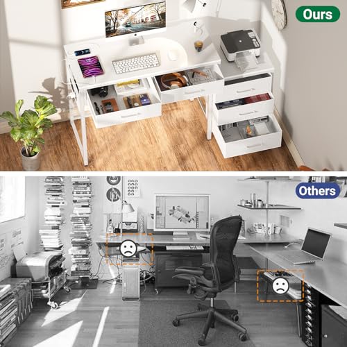 Unikito Reversible Computer Desk with 5 Drawers, Sturdy Office Desk with Power Outlets and USB Ports, Study Writing Table with File Cabinet & Printer Stand, Vanity Desk with Storage, White - color: White
