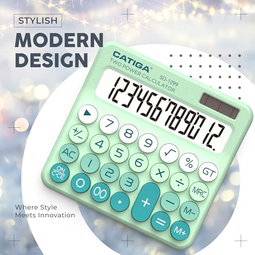 CATIGA Mechanical Switch Calculator with Solar and Battery Dual Power, 12-Digit Large LCD Display, Aesthetic and Cute Desktop Calculator with Big Button, for Home, School and Office Use, SD-1299 - color: Z) Mint Green