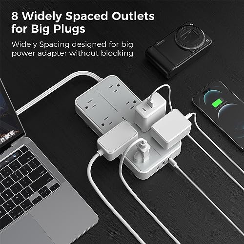 TESSAN Power Strip Surge Protector, 6FT Flat Plug Extension Cord | 8 Outlets 3 USB Charger 1 USB C, 1080 Joules Protection, Wall Mountable for Home Office School Dorm Room Essentials, Gray - color: Gray, size: 6FT-1080J surge protection