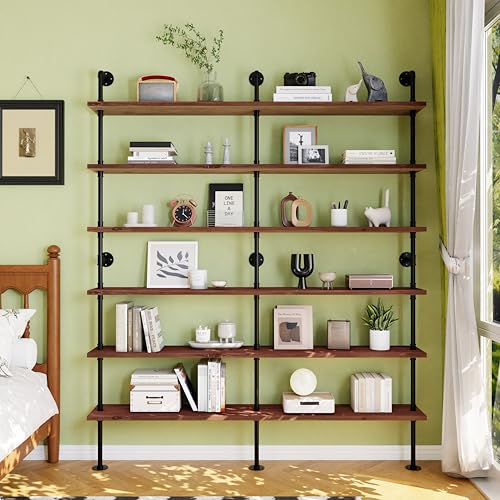 Industrial Pipe Bookshelf, Wall Mounted Shelf, 70 Inch, Walnut Brown - color: Walnut Brown, size: 70 Inch