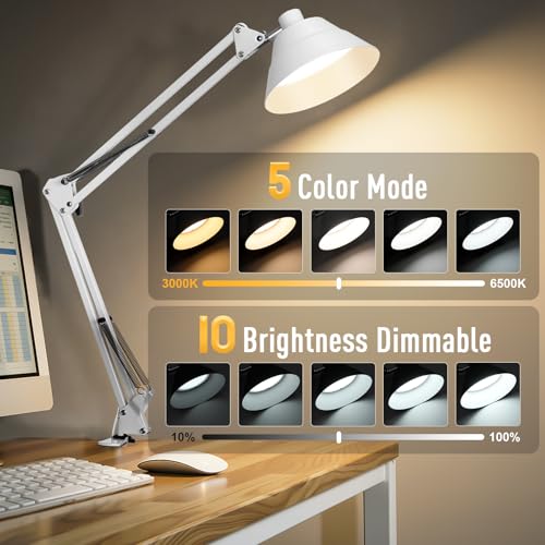 Led Desk Lamp for Home Office - Swing Arm Desk Lamp with Clamp - Architect Adjustable Gooseneck Table Lamp with 5 Color Modes & 10 Brightness for Reading Working Drafting (White) - color: White