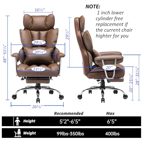 Efomao Big and Tall Office Chair 400lbs โ High Back Executive Chair with Swivel Base, PU Leather Upholstery, Lumbar Pillow, Padded Armrests, and Rolling Wheels๏ผBrown Computer Chair - color: 3008y Brown