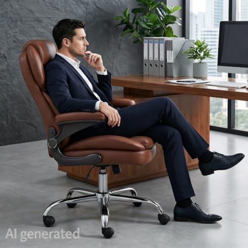 Home Office Chair with Flip-Up Arms, Leather Executive Desk Chair, LBR | Ergonomic Lumbar Support, 500 LBS Capacity, Memory Foam Seat, Adjustable Height, 360° Swivel Casters for Work Study - color: Light Brown