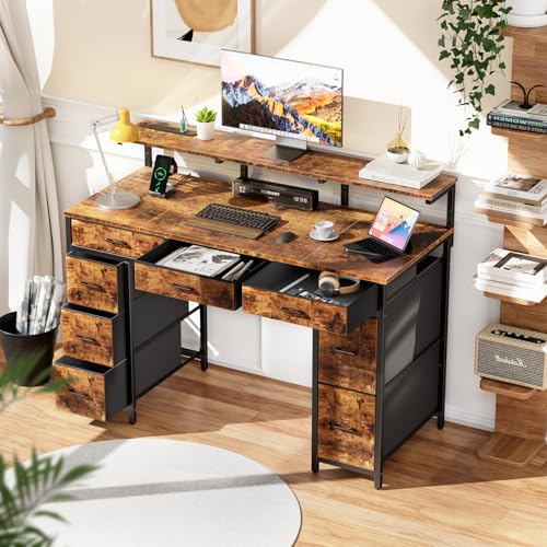 HLDIRECT 47 Inch Gaming Desk with LED & 8 Storage Drawers, Rustic Brown - color: Rustic Brown