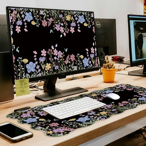 L-SPOUTTO Black Floral Mouse Pad,Scalloped Desk Mat XXL Gaming Mousepad | Botanical 35.4x15.7in Large Non-Slip Rubber Base Keyboard Pad Waterproof Desktop Mat for Laptop Computer Game Home Office - color: Flowers