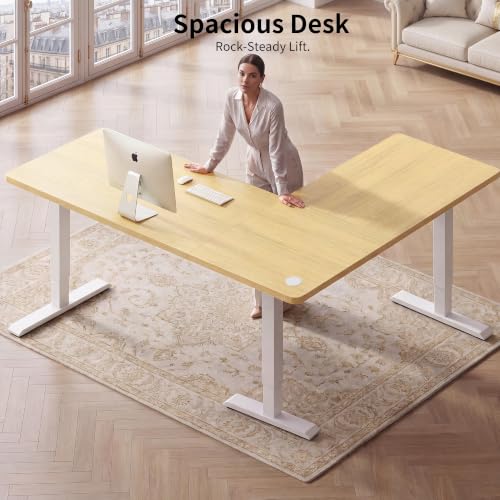 WALKINGDESK 75x61 Inches Reversible L Shaped Standing Desk Height Adjustable with Cup Holder, Electric Corner Computer Workstation for Home Office, Ergonomic Sit Stand up Gaming Desk, Oak - color: Oak, size: 75" with Cup Holder