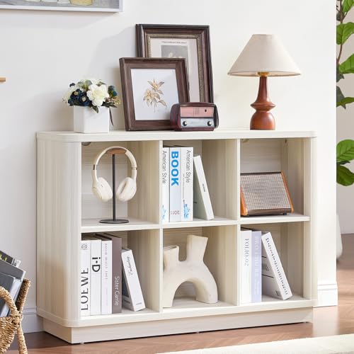 Joaxswe 6 Cube Bookcase, 40" Wide Horizontal 2-Tier Book Shelf w/Curved Edge, Wood Low Floor Standing Bookshelf with Base, Modern Short Storage Organizer for Living Room,Office, Gray-White Cream Oak - color: Gray-white Cream Oak, size: 6 Cube (11.81"D x 4