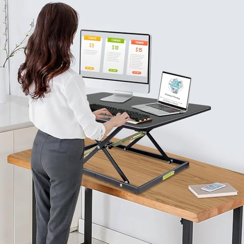 32in Desk Riser for Standing or Sitting, Large Standing Desk Converter, Height Adjustable Sit Stand Desk Converter, Fully Assembled Monitor Laptop Riser Workstation for Home Office, Black - color: Black-32in
