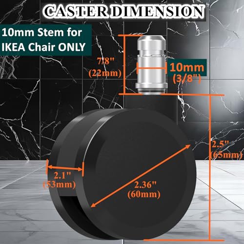 Office Chair Wheels 10mm Stem, 2.36"(60mm) Casters Compatible with 1KEA Chairs ONLY, 10mm(3/8") x22mm(7/8") Stem Replacement Chair Casters for Carpet and Hardwood Floors(Set of 5) - size: 10mm Stem No Brakes(for Ikea)