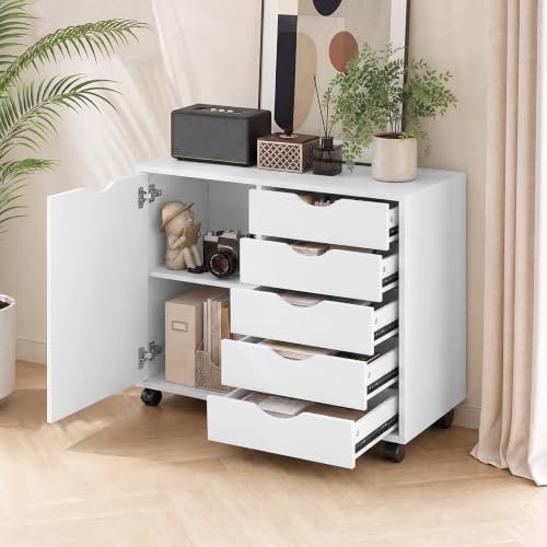 SweetGO 5 Drawer Wood File Cabinet with Wheels, Large Storage Printer Stand for Home Office, Rolling Cabinet Organizer with Reinforced Structure (White) - color: White