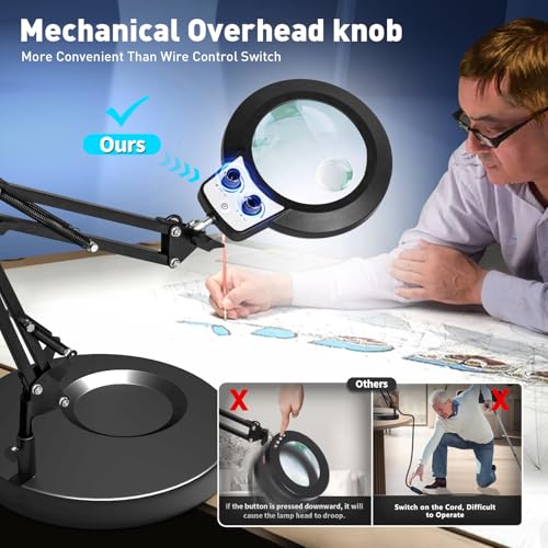 KIRKAS 12X 30X Magnifying Glass with Light and Stand, Overhead Knob 2 in 1 | Lighted Magnifier Lamp for Workbench, Craft, Sewing, Repair, Real Glass Lens Stepless Dimming and Color (9.06IN Base & Clamp) - size: 12X 30X 9.06 INCH Base & Clamp