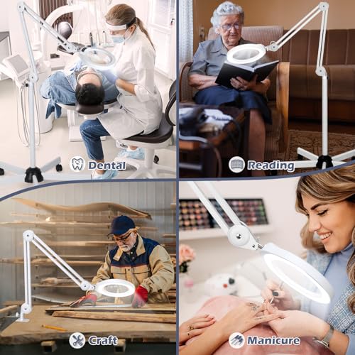 15X Magnifying Glass with Light and Stand, Real Glass Lens, 5 Color Modes, Stepless Dimmable, LED 2200 Lumens Floor lamp with 5 Wheels Rolling Base, Lighted Magnifier for Esthetician, Facials, Salon